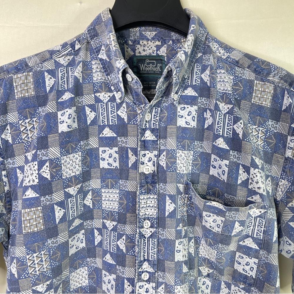 Woolrich Vintage Patchwork Geometric Short Sleeve Button Down Shirt M